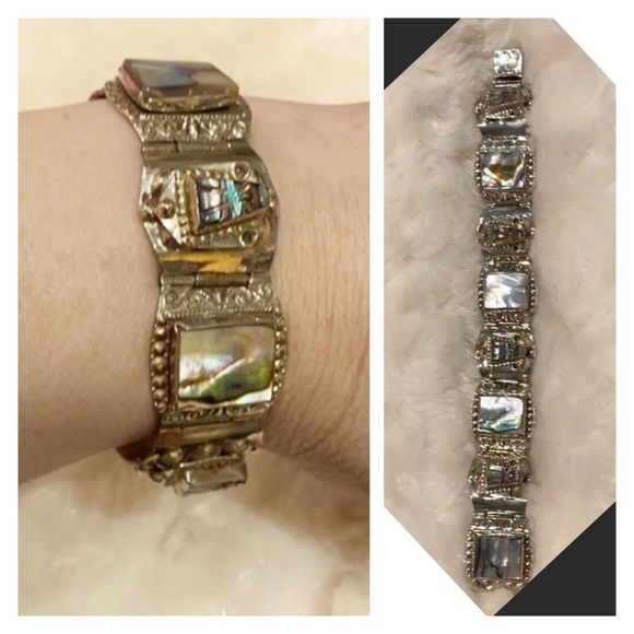 Vintage 925 Sterling Silver Bracelet-Made in Mexico-Abalone Shell - Picture 1 of 15